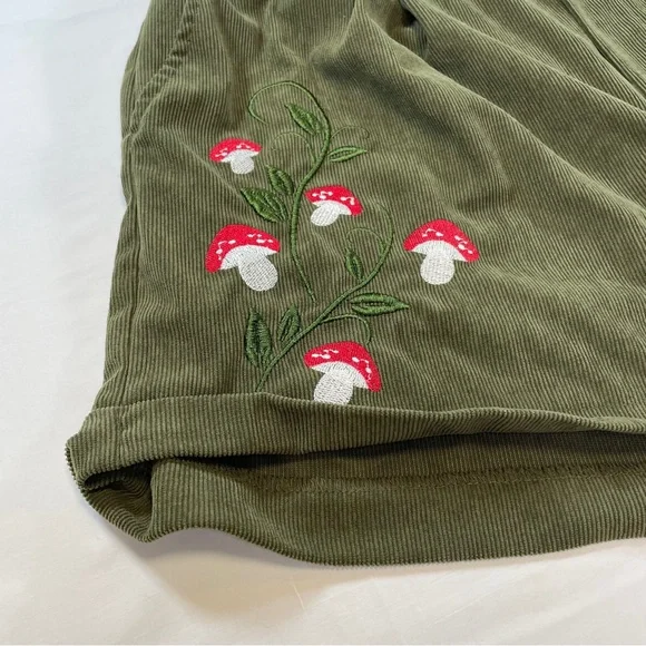 Olive Green Corduroy Mushroom Embroidery Womens Shorts 2XL Plus Size - Picture 3 of 7